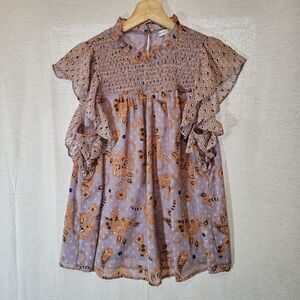 Maison D Amelie Women Blouse Smocked Purple Floral Paisley Flutter Swiss Dot